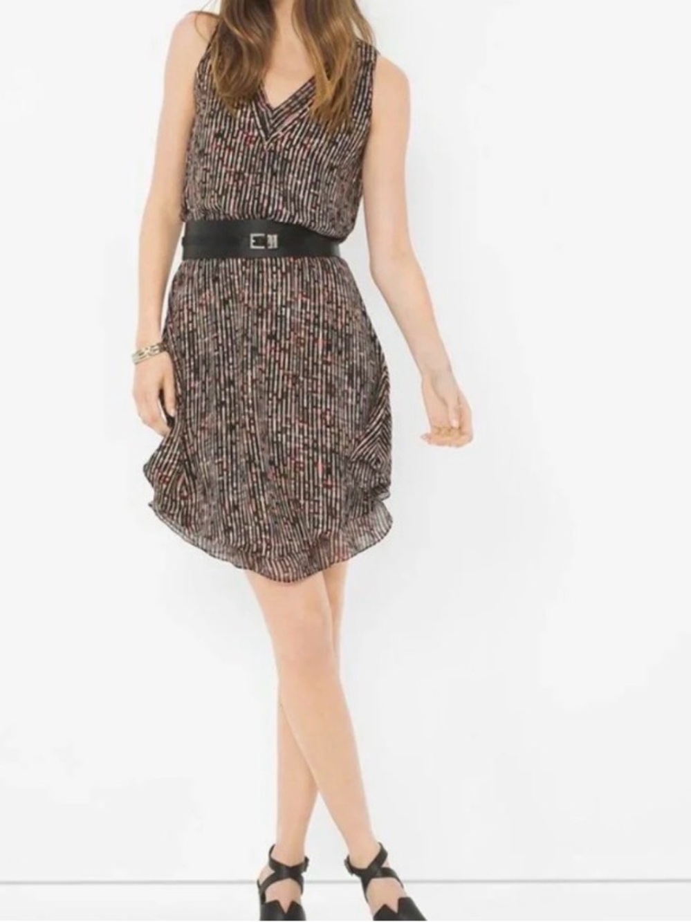 White House Black Market Black and Pink Pleated V-Neck Belted Mini Dress